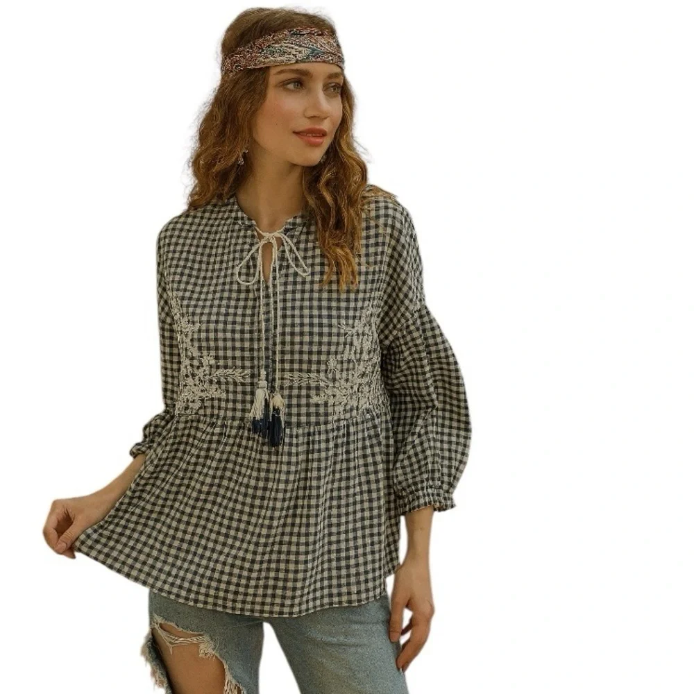 ZARA Trafaluc Gingham Coquette Cottagecore Bohemian Embroidered Babydoll Top M